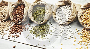 Legumes bean seed in sack, top view