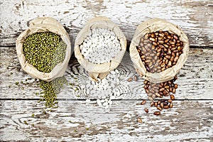 Legumes bean seed in sack, top view