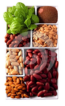 Legumes and beans assortment. Healthy vegan protein food.