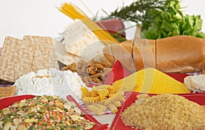 Legumes, cereals, pasta, rice, bread, egg, flour, biscuits, corn polenta