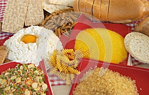 Legumes, cereals, pasta, rice, bread, egg, flour, biscuits, corn polenta