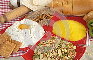 Legumes, pasta, egg, flour, biscuits, corn polenta