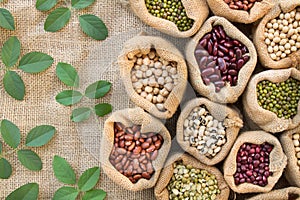 Legumes seed in bag with leaf of bean background