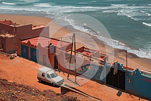 Legzira, Morocco - aerial view of Auberge Beach Club and the wild Atlantic Ocean coast on a sunny day.