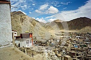 Leh, the capital of Ladakh seen from the hilll with Leh gompa in