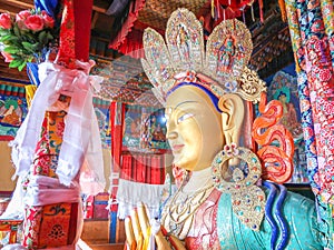 LEH LADAKH, INDIA-JUNE 26 2018: Maitreya Buddha or Future Buddha giant statue inside the Thiksey Monastery, Leh Ladakh, India