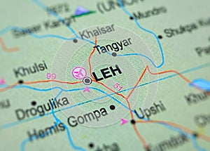 Leh on a map of India with blur effect