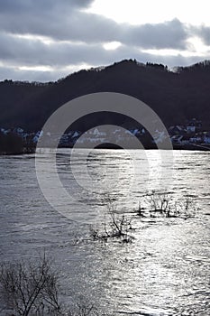 Lehmen, Germany - 01 05 2022: January flood of the Mosel near Lehmen