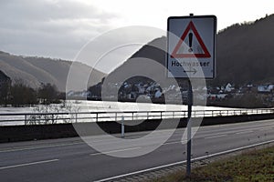 Lehmen, Germany - 01 05 2022: Warning sign Hochwasser for the Mosel flood