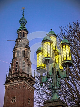 Leiden City Hall Tower and Lamppost