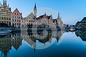 Leie river bank in Ghent, Belgium, Europe.