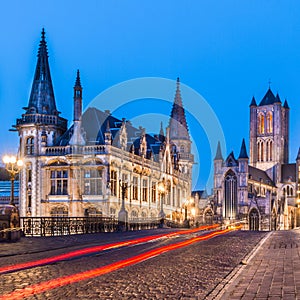 Leie river bank in Ghent, Belgium, Europe.