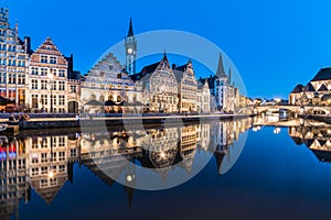 Leie river bank in Ghent, Belgium, Europe.