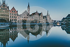 Leie river bank in Ghent, Belgium, Europe at dusk.