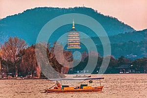 Leifeng Pagoda Boats West Lake Reflection Hangzhou Zhejiang China