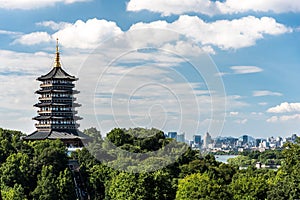 Leifeng Pagoda is a five stories tall tower with eight sides, located on Sunset Hill south of the West Lake in Hangzhou, China.