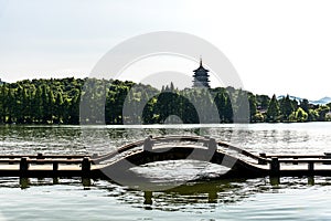 Leifeng Pagoda is a five stories tall tower with eight sides, located on Sunset Hill south of the West Lake in Hangzhou, China.