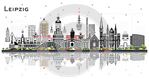 Leipzig Germany City Skyline with Gray Buildings and Reflections Isolated on White