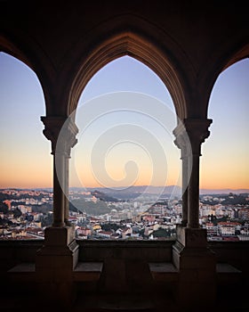 Leiria city skyline at sunset viewed from Leiria castle, Portugal, December 2018