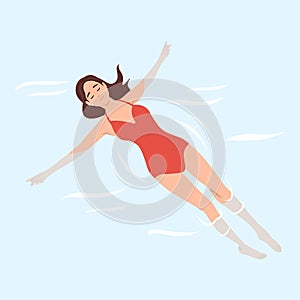 Leisure activities and relaxation concept. Flat-lay of young happy female cartoon character relaxing in sea ocean or swimming in