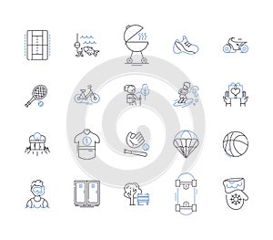 Leisure ans sport activities outline icons collection. Skiing, Swimming, Cycling, Hiking, Climbing, Kayaking