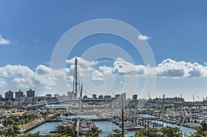 Leisure boats lined in the Ginowan harbor marina seen from Okinawa conversion center