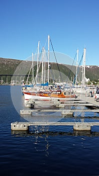 Leisure boats in tromsoe city harbor in bright summer sunshine