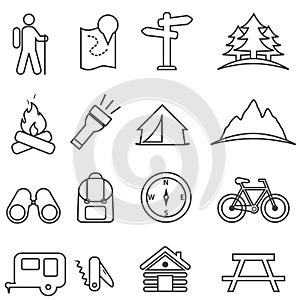 Leisure, camping, recreation and outdoor activities line icon set