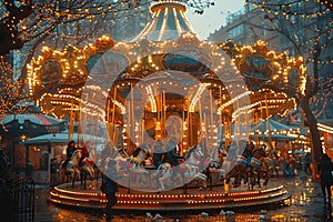 Leisure carousel with wooden horses and riders at amusement park