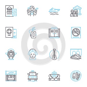 Leisure center linear icons set. Fitness, Pool, Gym, Sports, Recreation, Spa, Sauna line vector and concept signs. Yoga