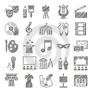 Culture and art, icons, shading pencil, gray, vector.