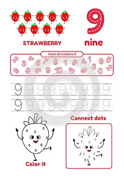 Leisure games for preschool kids on one page. Dot to dot, trace, color and learn number nine