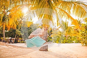 Leisure lifestyle mood, summer breeze swinging the rope hammock under the palm trees. Relax inspirational vacation