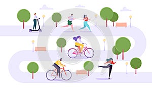 Leisure Outdoor Activities Concept. Active Characters Running in Park, Man and Woman Riding Bicycle, Girl Roller Skating