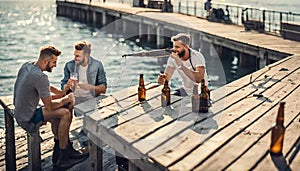 leisure and people concept - male friends fishing and drinking beer sea pier