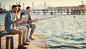 leisure and people concept - male friends fishing drinking beer on sea pier