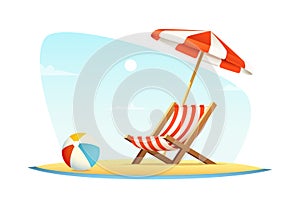 Leisure or rest at sea. Vacation and travel concept. Beach umbrella and beach chair on sea coast