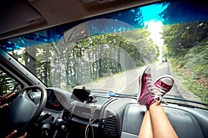 Leisure road trip travel.Young  couple enjoy on road trip