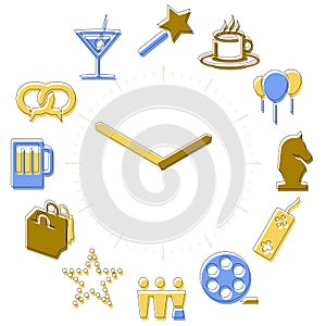Leisure time. Activities icons in a watch sphere with hours