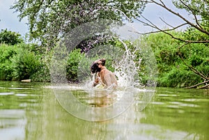 Leisure time. bearded man swimming in lake. summer vacation. mature swimmer. brutal hipster with wet beard. refreshing