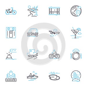 Leisure travel linear icons set. Adventure, Relaxation, Scenery, Culture, Cuisine, Nature, Romance line vector and