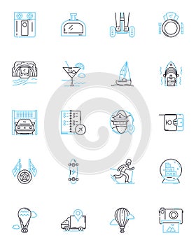 Leisure travel linear icons set. Adventure, Relaxation, Scenery, Culture, Cuisine, Nature, Romance line vector and