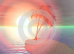 Leisure travel tropics background palm trees beach sea ocean setting sun 3D illustration