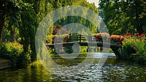 A leisurely bike ride along a river passing by romantic bridges and vibrant gardens photo