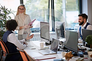 Leisurely discussion business people on business meeting