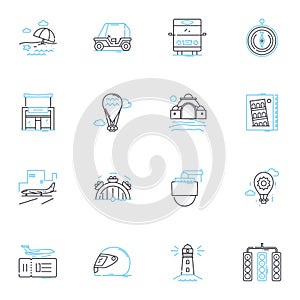 Leisurely stroll linear icons set. Amble, Saunter, Meander, Ramble, Wander, Jaunt, Promenade line vector and concept photo