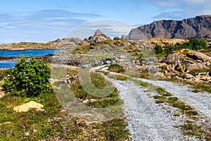 Leka island coastal shoreline with Heilhornet mountain on the horizon under blue clear skies. Trondelag county, Norway summer