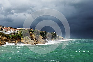 Lekeitio coastline with storm and rough sea