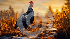 Lekking black grouse on spring swamp. Spring colors of moors with black grouse, blackcock. Male Black Grouse lek game at sunrise