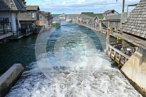 Leland, Michigan USA - December 28, 2020: View of fishtown from the bridge.